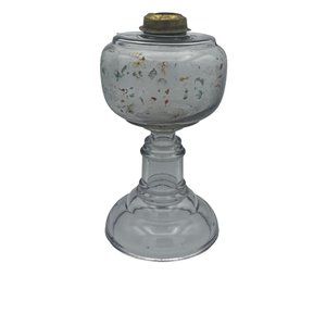 Antique Oil Stand Lamp Handpainted Floral Design Missing Regulator and Chimney